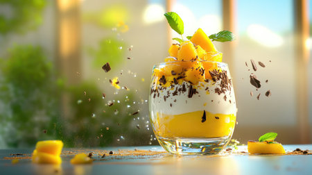 Elegant panna cotta served in glass with mango and chocolate toppingの素材
