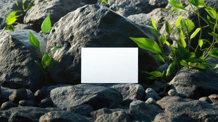 Elegant mockup with white card on textured rocks and subtle green branchesの素材