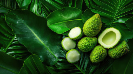 Durians stacked and split, surrounded by green leaves in rustic tropical themeの素材