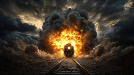 Fiery explosion as train emerges from portal under dark sky, mystical and powerful atmosphereの素材