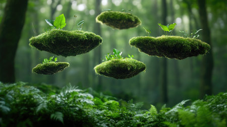 Elevated forest elements: floating moss patches in deep green forestの素材