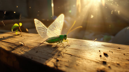 Grasshopper with radiant wings in sunlight, perched on coarse wooden surfaceの素材