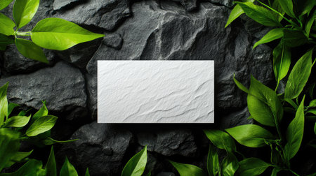 Minimalist business card on rocky texture, surrounded by fresh green foliageの素材