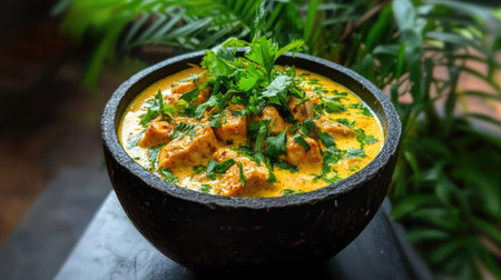 Fragrant curry with tender chicken chunks, thick coconut base and herbsの素材