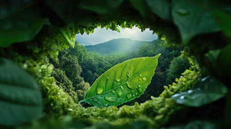 Hand-crafted leaf frame with forest hills in perfect natural focusの素材