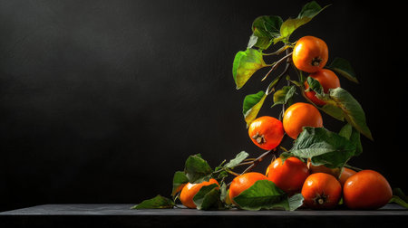 Freshly picked persimmons with stems and leaves, vibrant against dark backdropの素材