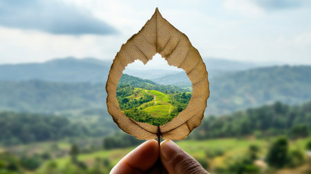 Hand holds dried leaf with cut-out center revealing green valley beyondの素材