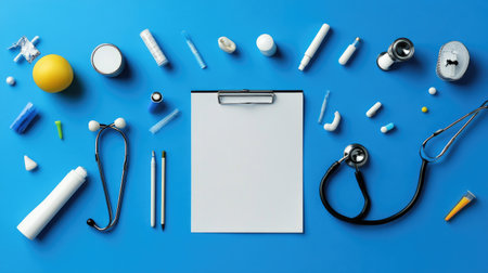 Health diagnostics tools including stethoscope and report paper arranged neatly on blueの素材