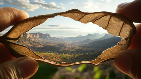 Leafy lens: dried leaf used as frame to showcase scenic wilderness viewの素材