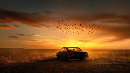 Horizon aglow as birds pass above a resting car silhouetteの素材
