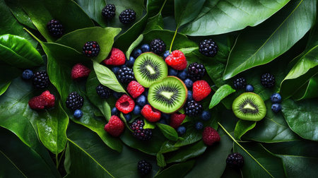 Healthy fruit platter featuring berries and kiwi, artfully surrounded by fresh leavesの素材