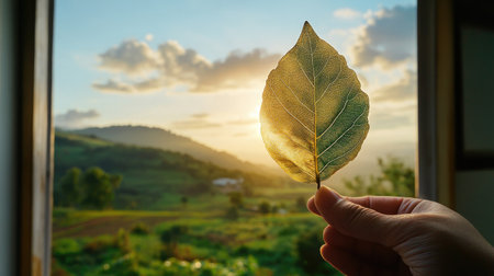 Nature framing: dry leaf with window to vibrant hill view, held by handの素材
