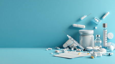 Minimalist healthcare design with medical tools and data sheet on pastel blue backgroundの素材