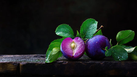 Juicy purple plums with green leaves on rustic wooden background, sliced to reveal their coreの素材