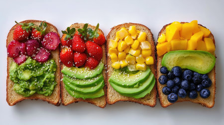 Toast slices topped with mashed avocado and a rainbow of fresh, healthy toppingsの素材