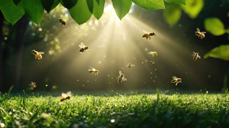 Sunlight filtering through bees in motion above grass and leavesの素材