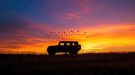 Silhouette of a vehicle at dusk with birds crossing sunset horizonの素材