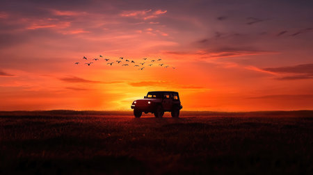 Silhouette of a vehicle at dusk with birds crossing sunset horizonの素材