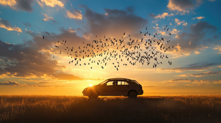 Peaceful sunset scene with parked car outline and flock of birds in motionの素材