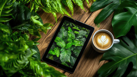 Tech meets nature: tablet on wood next to leafy plant and warm coffee cupの素材