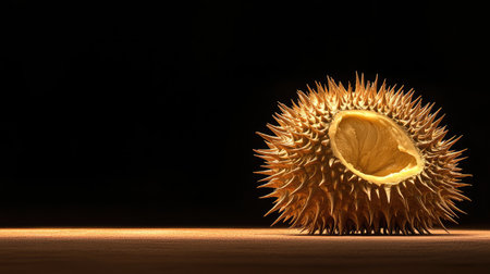 Ripe durian close-up with soft golden inside and dramatic spiky skinの素材