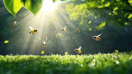 Sunlight filtering through bees in motion above grass and leavesの素材