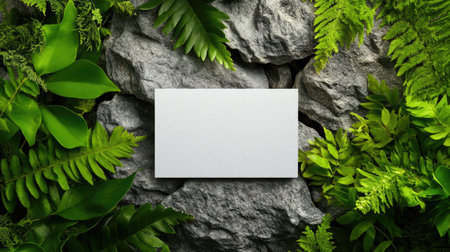 Minimalist business card on rocky texture, surrounded by fresh green foliageの素材