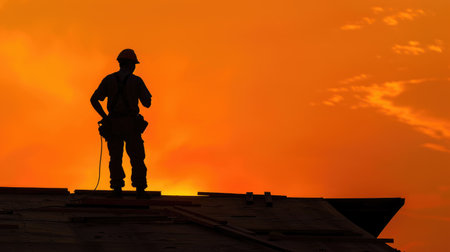 Rooftop inspection scene with construction worker silhouetted against orange skyの素材