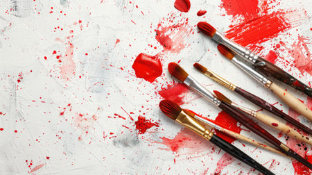 Splattered red paint and brushes in creative flatlay, expressive watercolor art setupの素材