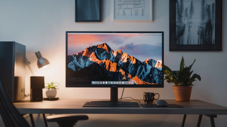 Sleek desk with wireless monitor showing mountain wallpaper, minimal setupの素材