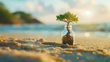 Tiny bonsai tree enclosed in glass bottle resting on sunlit sand, eco-nature conceptの素材