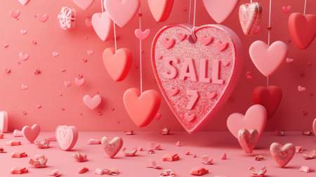 Speech bubble discount tag with hearts and glitter icons, special sale message pop-upの素材