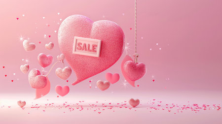 Speech bubble discount tag with hearts and glitter icons, special sale message pop-upの素材