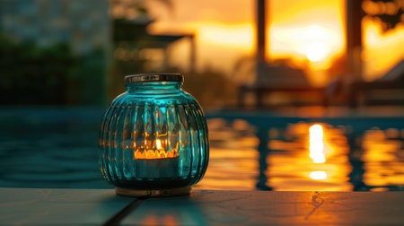 Teal glass lantern glowing with candlelight, placed beside a calm pool at sunset with warm tones and reflectionsの素材