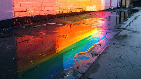 Bold rainbow wall art mirrored in wet pavement during golden hour glowの素材