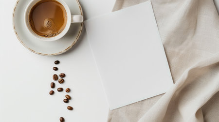 Clean white poster mockup on desk next to coffee cup and scattered beans, cozy branding conceptの素材