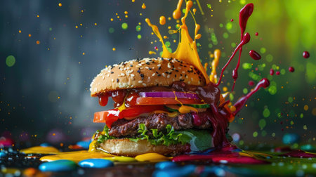 Abstract burger with rainbow layers and splashy paint strokes, creative food conceptの素材