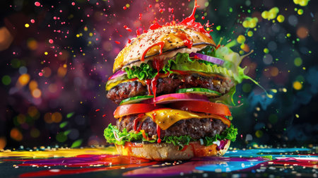 Artistic rainbow burger stacked with vibrant colors, surrounded by bright paint splatterの素材