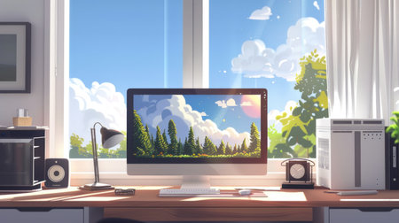 Clean workspace with minimalist computer setup and scenic digital landscapeの素材
