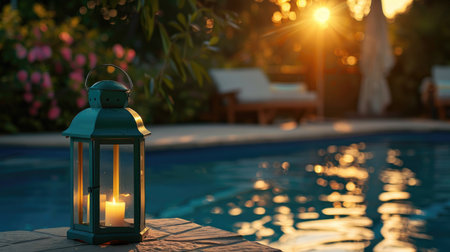 Peaceful poolside scene with a teal lantern lit by candlelight, golden hour glow in the backgroundの素材