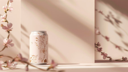 Modern drink can mockup with soft floral accents, neutral aesthetic for product presentationの素材