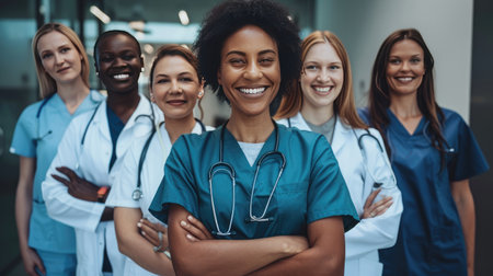 Diverse medical team smiling and linking arms, concept of unity and collaborationの素材