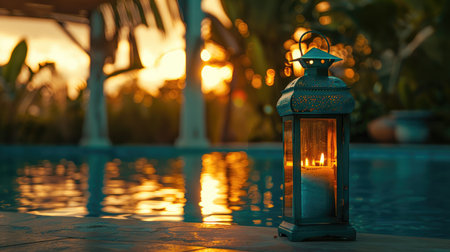 Peaceful poolside scene with a teal lantern lit by candlelight, golden hour glow in the backgroundの素材