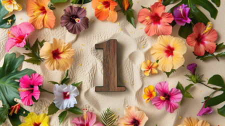 Wooden number 1 surrounded by vibrant hibiscus flowers on a sandy tropical backgroundの素材