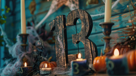 Wooden number 13 near a spooky corner decor with candles and cobwebs for Halloweenの素材