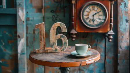 Wooden number 16 on a small round table beside a teacup and vintage clockの素材
