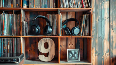 Wooden number 9 on a music shelf with vintage records and headphones in a studioの素材