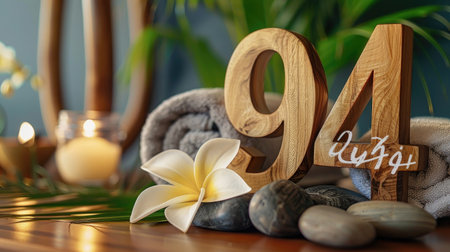 Wooden number 94 in a spa setup with flowers, stones, and palm towelsの素材