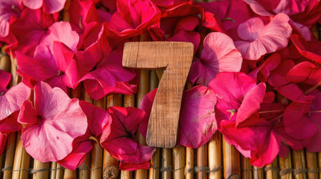 Wooden number 7 among bright bougainvillea petals on a bamboo tableの素材