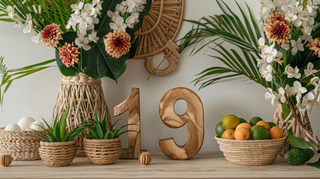 Wooden number 19 beside woven baskets filled with tropical blossomsの素材